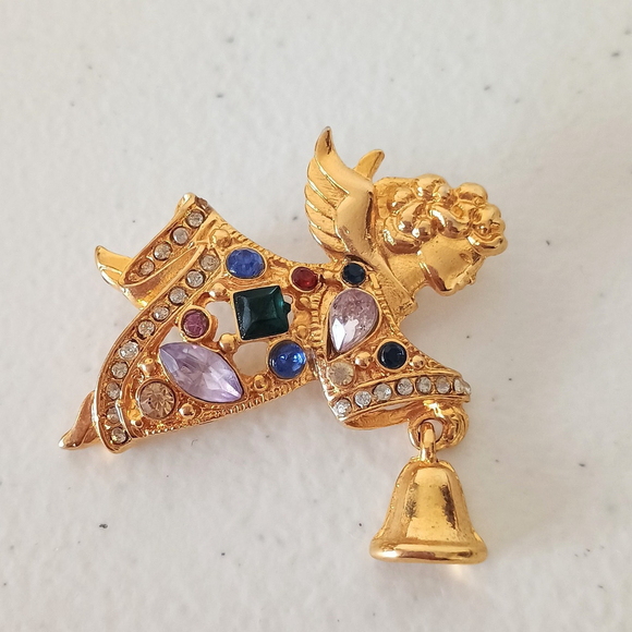 Vintage Christopher Radio Multi Colored Rhinestone Angel W/ Bell Brooch Pin Gold - Picture 3 of 5